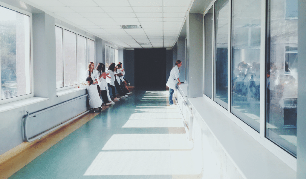 A Hospital corridor where clean air is being provided by an HTM 03-01 AHU with MVHR heat recovery